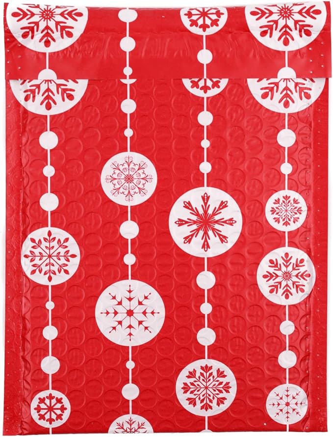 Bubble Mailers 6x9" - Red Snowflake Baubles with Writable Area - 10 Pack - Holiday Poly Padded Envelopes and Bubble Shipping Mailers