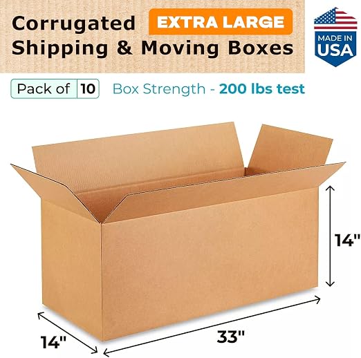 Extra Large Shipping & Moving Boxes 33x14x14 inches (10-Pack) - Extra Strength 200 lb vs Regular - USA-Made Corrugated Strong Shipping Boxes - Heavy Duty Moving Box - Packaging Box by IDL Packaging