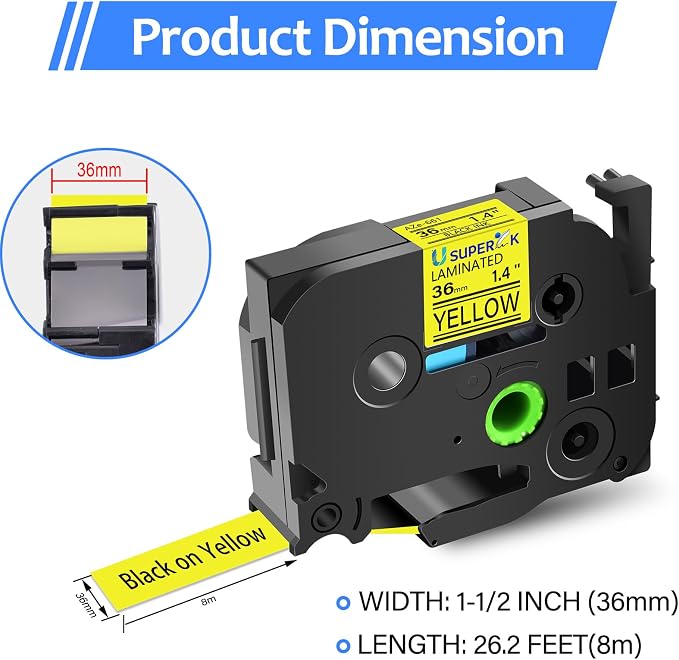 5 Pack TZe-661 36mm Label Tape Compatible for Brother P-Touch TZe TZ Tape 36mm 1.4'' Laminated Yellow TZe661 TZ-661 Black on Yellow 1-1/2'' for Ptouch Label Maker PT-P910BT P900W P950W