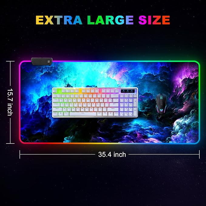 RGB Gaming Mouse Pad Large, Extended LED Mouse Mat XXL 35.4x15.7 inch, 14 Lighting Modes, 2 Brightness, Non-Slip Rubber Base Mousepad Waterproof Keyboard Mat,Fantasy Nebula Sky