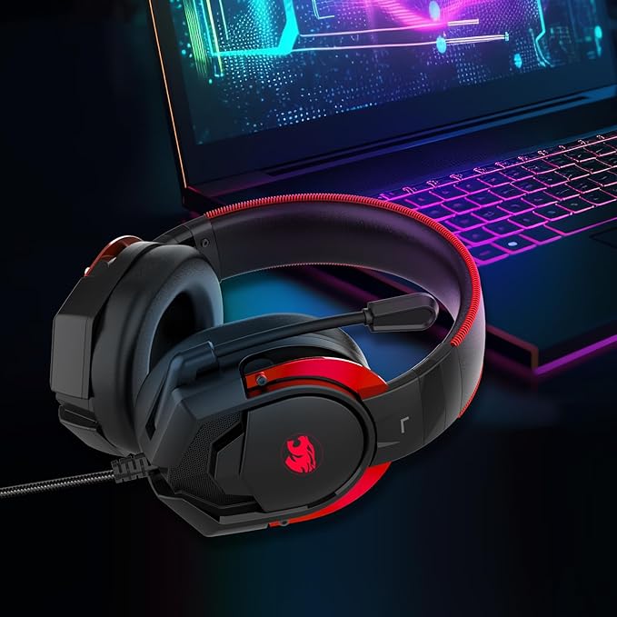 Gaming Headset with Microphone for Pc, Xbox One Series X/s, Ps4, Ps5, Switch, Stereo Wired Noise Cancelling Over-Ear Headphones with Mic, RGB, for Computer, Laptop, Mac, Nintendo (Black Red)