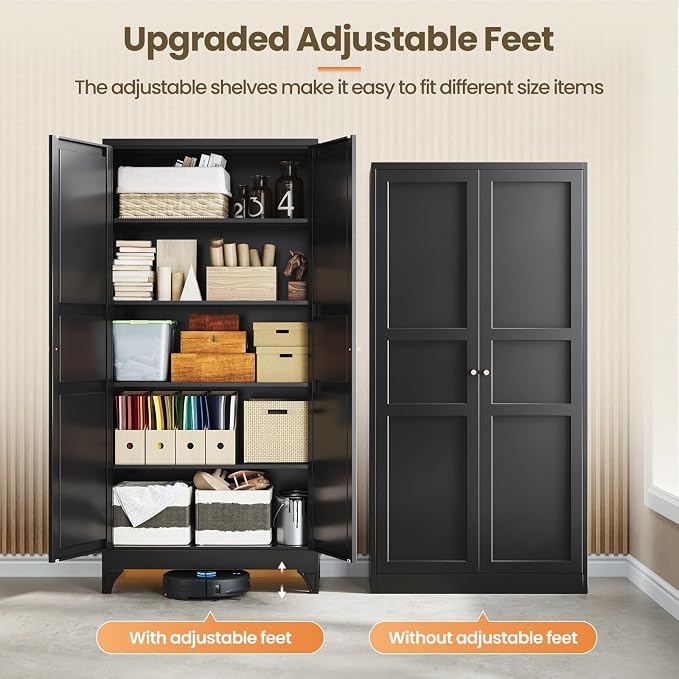 Metal Storage Cabinet with 2 Doors and 4 Adjustable Shelves,- 72" Black Kitchen Pantry Storage Cabinet for Kitchen,Living Room,Dining Room