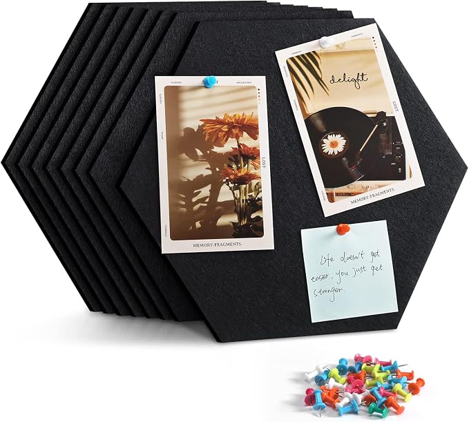 8-Pack Hexagon Felt Bulletin Board Tiles, Cork Board Alternative | For students and teachers creating vision boards in homes, offices, dorms or classrooms; includes 40 tabs and 30 push pins