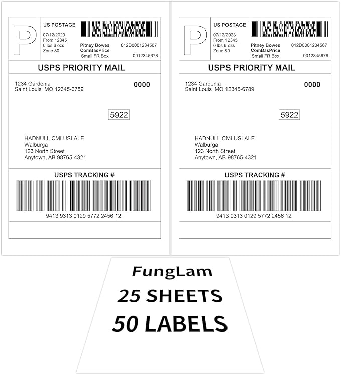 Half Sheet Shipping Labels 8.5x5.5 Inches, FungLam Half Page Labels, 8.5”x11” Self Adhesive Shipping Labels for Laser&Inkjet Printers, White Mailing Address Labels, 2 Labels Per Sheet, 50 Labels.