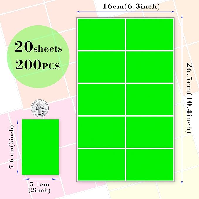 Colored Labels Stickers 3 x 2 Inch 5 Fluorescent Color Moving Labels Rectangular Color-Coding Label - 200 Labels
