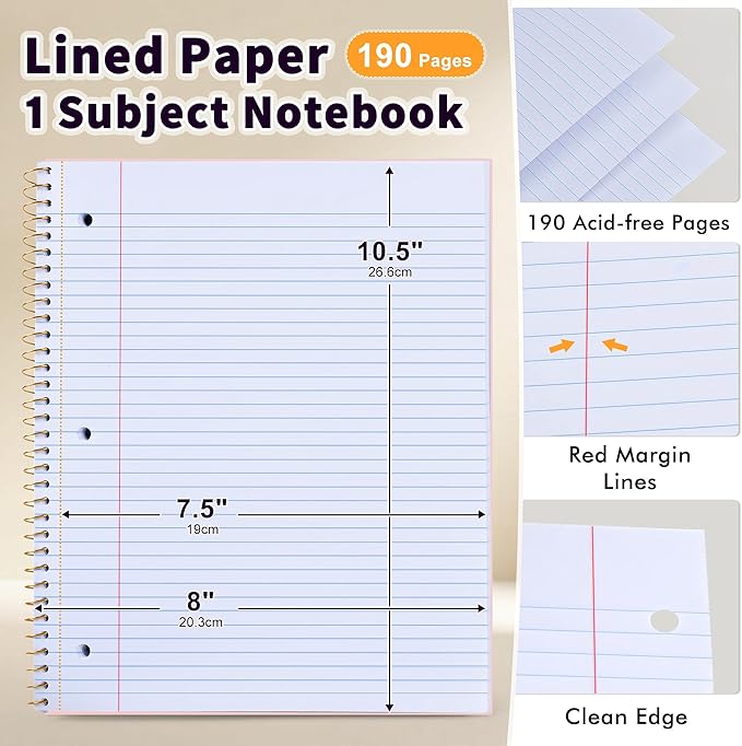 Spiral Notebook College Ruled Paper 8" x 10-1/2", 1 Subject Spiral Notebook, 3-Hole Punched Perforated Pages Ideal for School, Office, Writing, 95 Sheets Lined Journaling Notebook, Pink
