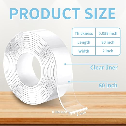 Heavy Duty Double Sided Tape, 2 x 80 in, Clear, 1 Pack | Removable washable nano gel holds 6 lbs per 4 sq in; wide clear tape for carpet, posters, pictures, home office and RV