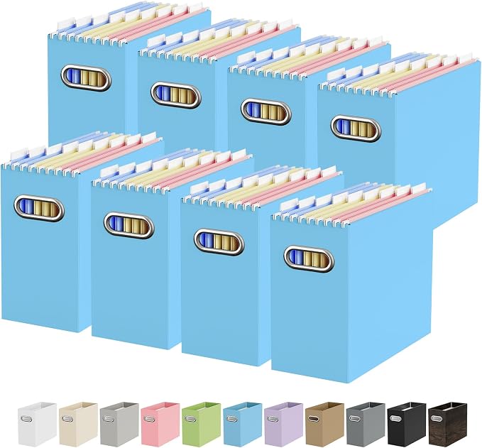Portable Collapsible Cardboard File Box with Handle for Letter-Size | 8-Pack. Stainless Steel Handle. Label Stickers Included. Fits Letter Folders (Not Included). Home, Office, School, Dorm, Tax.