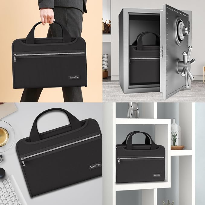 Tamfile Fireproof Accordion File Folder with Handle, Document Organizer | Expanding File Folder with 13 Pockets, Multiple Pockets, Water Resistant,Portable Travel Home Safe for A4 File,Travel,Black