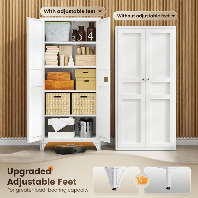 Metal Storage Cabinet with 2 Doors and Adjustable Shelves - 61" White Kitchen Pantry Storage Tall Steel Cabinets Locker for Kitchen, Living Room, Dining Room