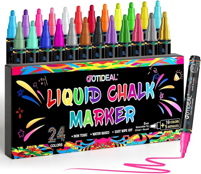 GOTIDEAL Chalk Markers, 24 Colors Liquid Chalk Markers for Blackboard