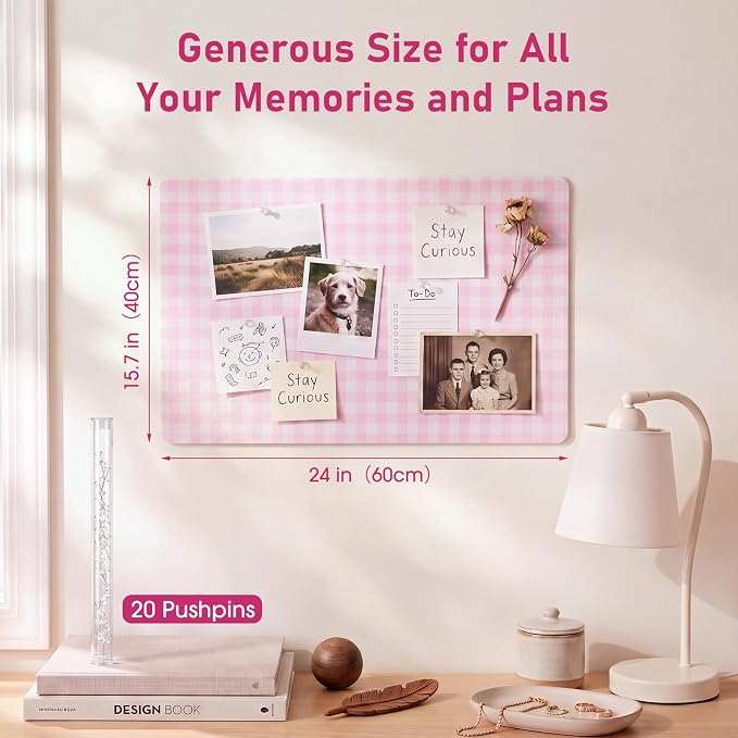 Felt Bulletin Board, 24" x 15.7" Decorative Felt Pin Board, Foldable Photo Display with Pushpins, Wall Vision Cork Boards Alternative for Home Bedroom Office Dorm (Pink Plaid)