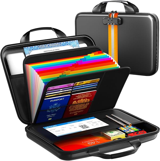 Fireproof Accordion File Organizer with Lock,Hard-Shell Fireproof Document Box with 13 Pockets for Certificates, Passports Laptop Important Documents Portable Home Office Travel Safe Storage