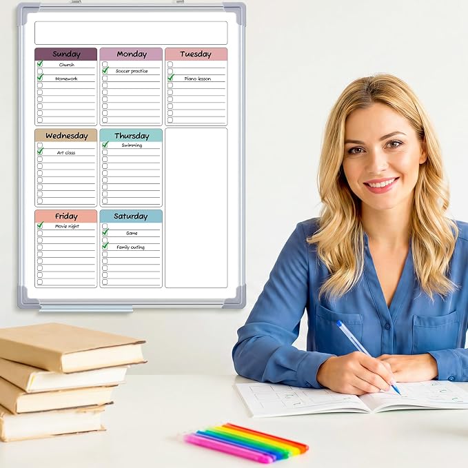 24" x 18" Magnetic to Do List Whiteboard, Weekly Planner, Soft | Large Weekly Dry Erase Board, Double-side Wall Whiteboard Calendar for Planning Drawing Memo, School Home Kitchen Office