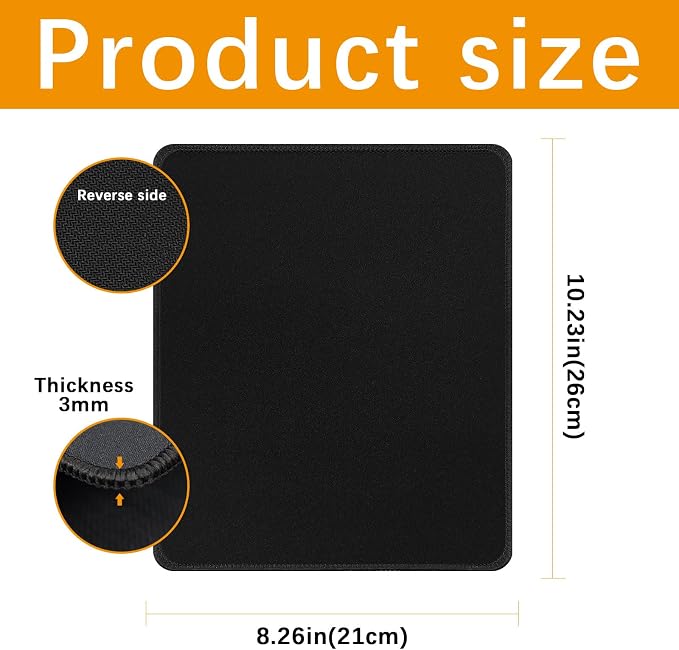 4 PCS Black Mouse pad Bulk with Stitched Edge,10.2x8.3inches 3mm Thickness Premium Textured Non-Slip Rubber Base Washable for Office and Home Use