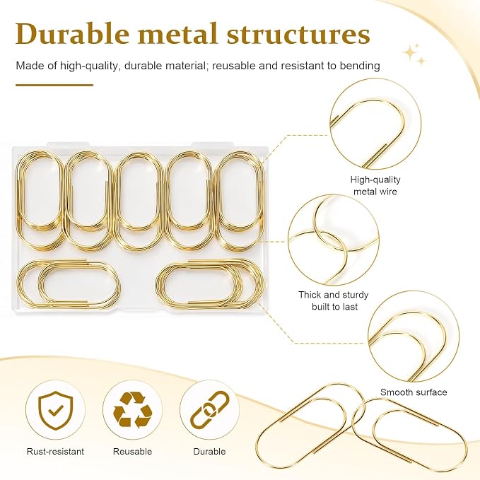 50 Pcs Jumbo Paper Clips 2 Inch (50mm), Large Gold Paperclips, Non-Skid Smooth Steel Wire, Oversized Wide Clips for Office School Planner Bookmarks