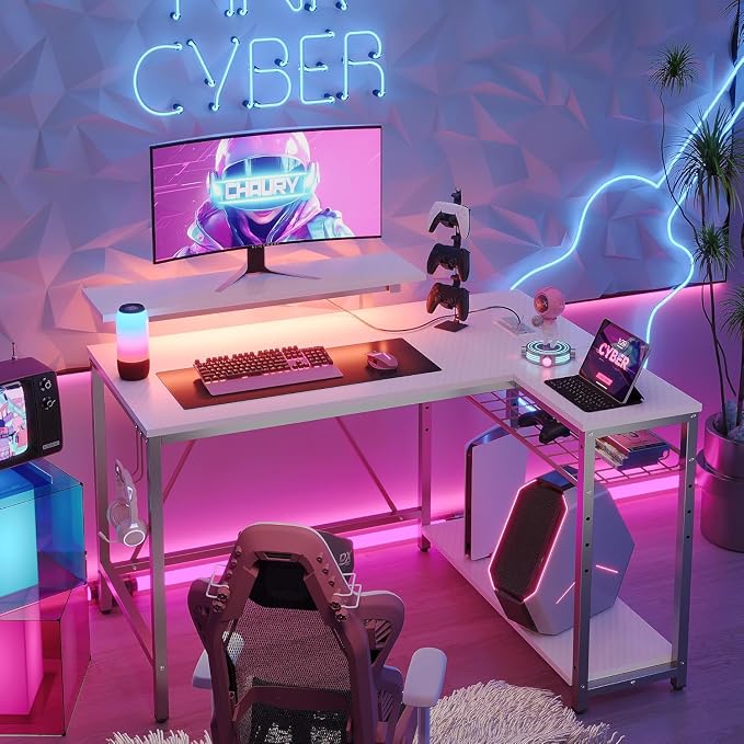 Bestier 42-Inch L-Shaped Computer Desk with Charging & LED, White | Charging 2AC+USB+Type-C, RGB LED 7 Colors/22 Modes, Reversible Storage Shelves, Headphone Hook, Small Space, 42x31.5 in