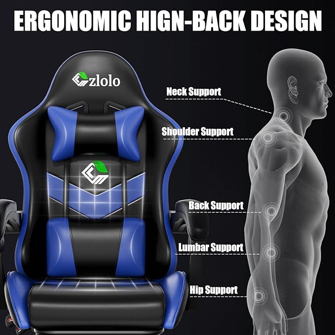 Gaming Chair, Ergonomic Office Computer Chair with Footrest and Lumbar Support Massager Racing Style High Back Video Gamer Chair, Wide＆Thick Cushion, 90°-135° Recline, Adjustable Height, Blue