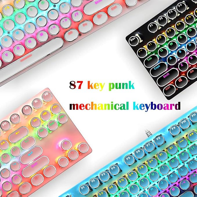 Mechanical Gaming Keyboard,87 Key Retro Punk Typewriter-Style,Blue Switch Rainbow Backlit Keyboard,Anti-Ghosting, USB Wired, for PC Laptop Desktop Computer, for Game and Office(Blue)