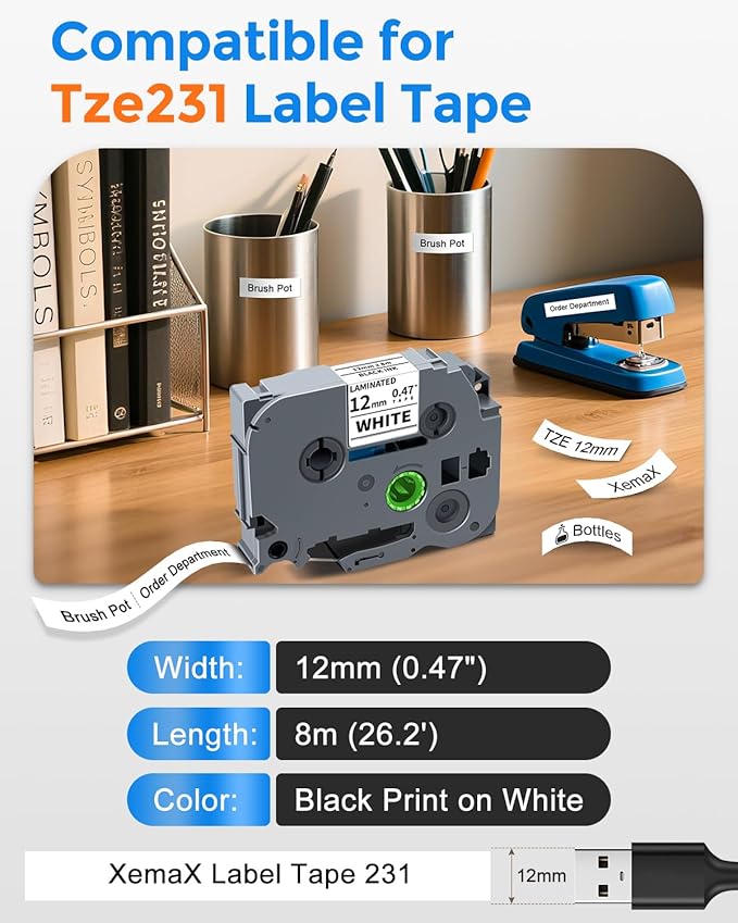 6-Pack Tze 12mm 0.47" Laminated Multi-Color Tz Tape Compatible with Brother P Touch Colored Label Tape Tze 131 231 431 531 631 731 Work for PTouch PT-H110 PT-D210 D220 D400 1290 Label Makers