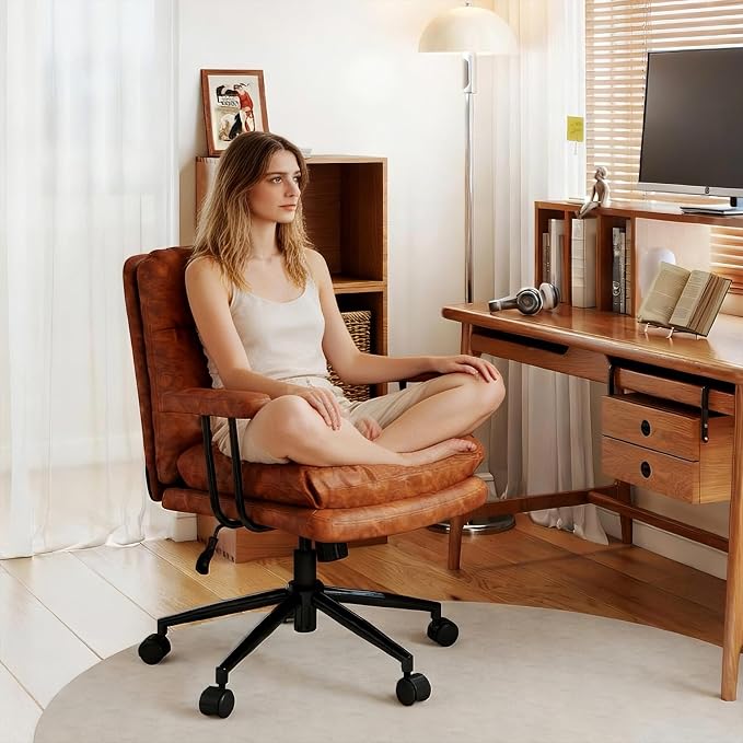 ralex-chair Mid Century Modern Leather Office Chair with Wheels -Brown | Swivel Desk Chair for Home Office, Mid Back Computer Chair with Armrest for Study, Makeup, Office, Bedroom