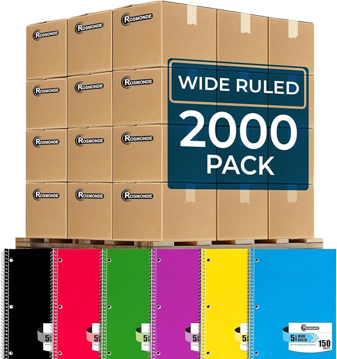 2000 Packs (Pallet) 5 Subject Notebooks, Wide Ruled, 150 Sheets | Spiral Notebook Bulk, Wide Ruled, 150 Sheets (300 pages), 8 x 10-1/2", Pallet of Notebooks for School, 4-7 Days Transit