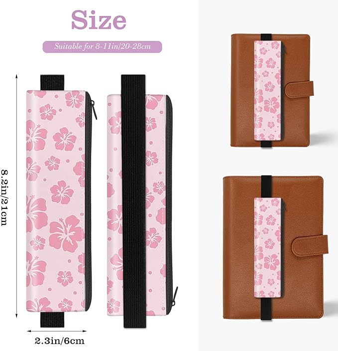 4 Pack Elastic Pen Holder for Notebook, Prints Pen Pouch with Elastic Band and Zipper, Leather Pen Holder for Planners, Journals, Book (Hibiscus)