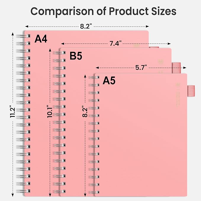 EMSHOI Lined Spiral Journal Notebook, 300 Pages, B5 Size (7.4'' x 10.1'') | College Ruled, 100 GSM Thick Paper, Flexible Plastic Cover, for School, Writing, Work, Office & Journaling (Pink)