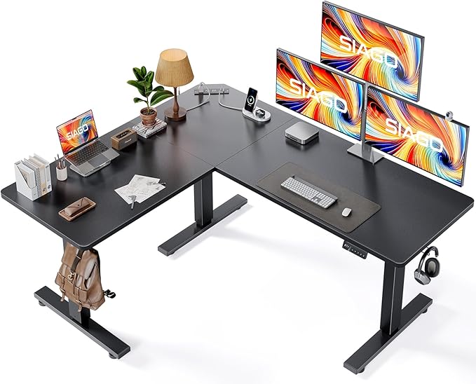 SIAGO L-Shaped Standing Desk - 63 x 55 Inch Adjustable Corner Standing Desk with Charging Station - L Shape Sit Stand Table with Memory Controller, Splice Board for Home Office | Adjustable L Shape Corner Computer Desk with Memory Controller, Splice Bo...