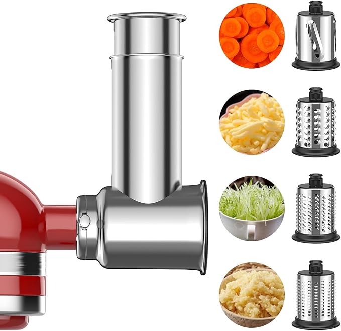 Stainless Steel Slicer Shredder Attachment for KitchenAid Stand Mixers, For KitchenAid Cheese Grater Attachment, Salad Maker, Grinding Powder, Dishwasher Safe with 4 Blades