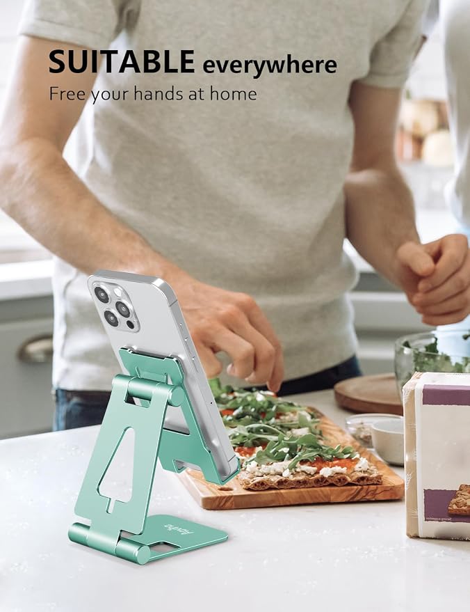 Aoviho Foldable Cell Phone Stand for Desk, Holder for iPhone,Mint Green | Folds Flat for Easy Storage, Hands-Free Viewing, Fits iPhone 17/16/15 Series & Samsung Galaxy, Ideal for Office & Home