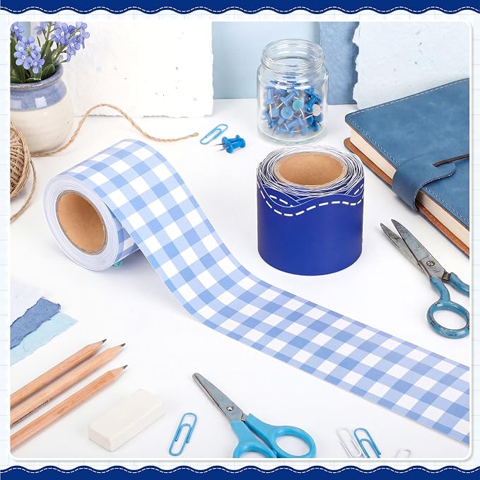 2 Rolls 65.6ft Dark Blue Gingham Bulletin Board Borders Decoration Blue Checkered and Straight Edge Bulletin Borders Board Trim for Office School Classroom Chalkboard Party Decoration