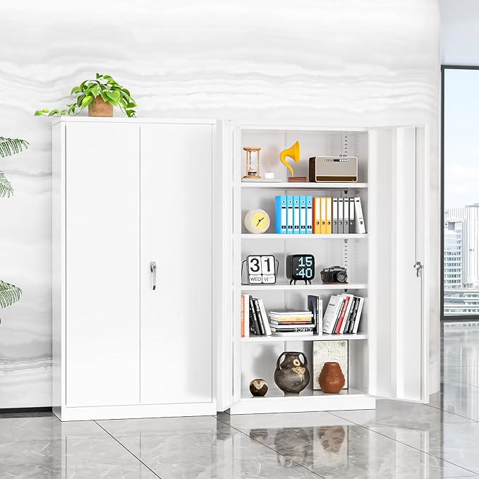 Metal Lockable Storage Cabinet, 72” H Storage Cabinets with 2 Doors and 4 Adjustable Shelves for Office, Home, Garage, Pantry (Assembly Required, White)