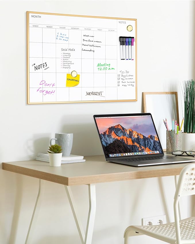 VUSIGN Magnetic Monthly Calendar Whiteboard, 17'' x 23'' Dry Erase Calendar for Wall Office School Home, Gold Wooden Frame