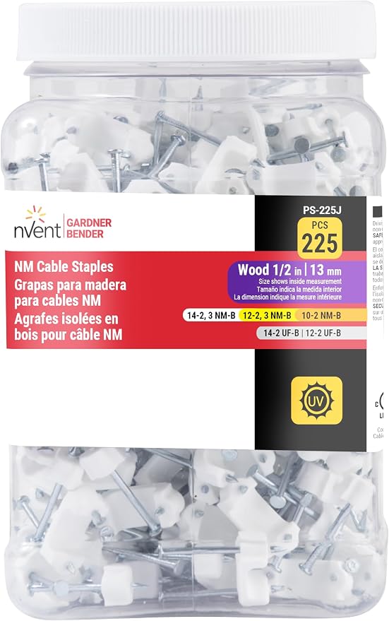 Gardner Bender PS-225J Plastic Staple, ½ Inch., Secures Romex, UF & (NM) Non-Metalic Cable, Polyethylene - UV Resistant, Splinter Free, Application: 14/2, 12/2, 10/2 (NM) Cable, 225 Pk., White