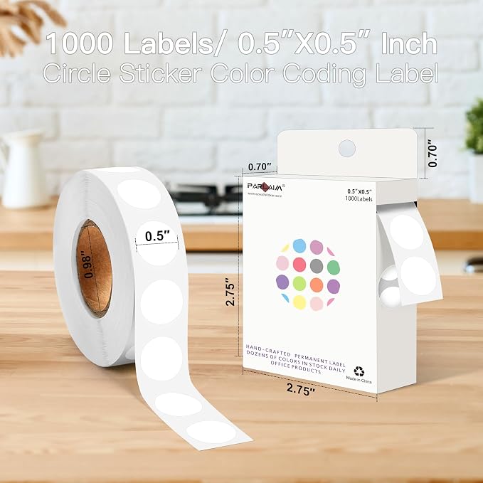 PARLAIM 1/2 Inch Circle Sticker Labels,1000 Stickers Round Color Coding Circle Dots Stickers,Roll Dot Stickers Label for Office Home Office (White)