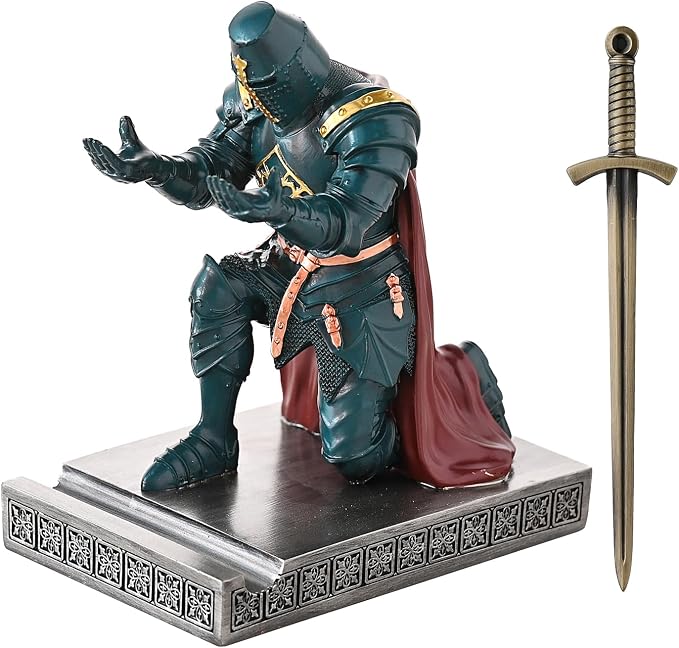Medieval Templar Vanguard Officer Knight Pen Holder Desk Organizers Green | Pencil Stand Paperweight Desktop Decoration Accessories Cell Phone Stand with a Fancy Sword for Medieval Warrior Enthusiast