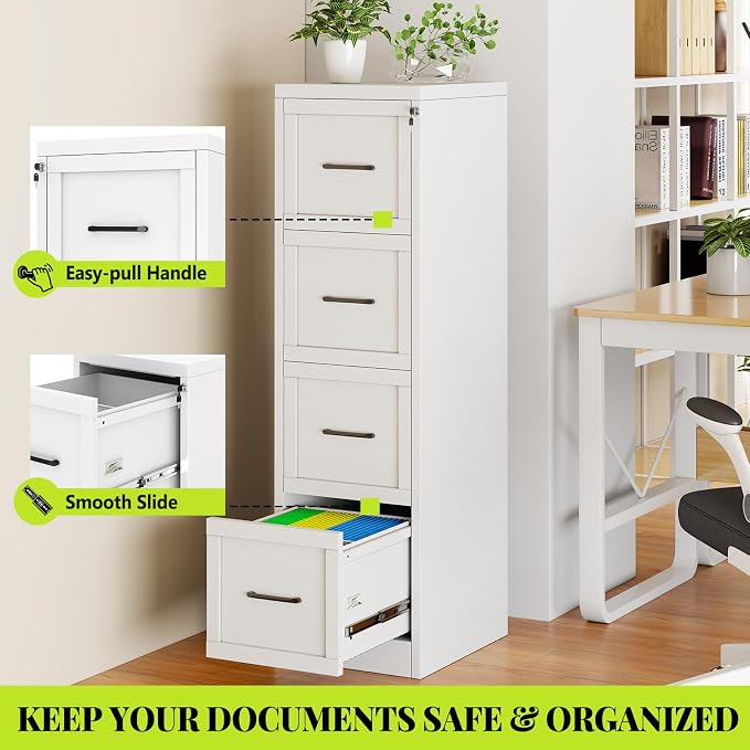 4-Drawer Metal File Cabinet with Lock, Tall Narrow Vertical, White | Tall metal filing cabinet with adjustable rails for Letter, Legal and A4 folders; one lock secures all four drawers