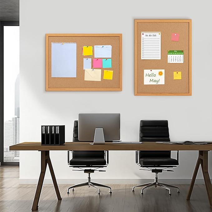 Board2by Cork Board Bulletin Board 18" x 24", Wood Framed Corkboards for Wall Decor, Hanging Office Message Board, Large Wall Mounted Notice Pin Board with 15 Push Pins for School, Home & Office