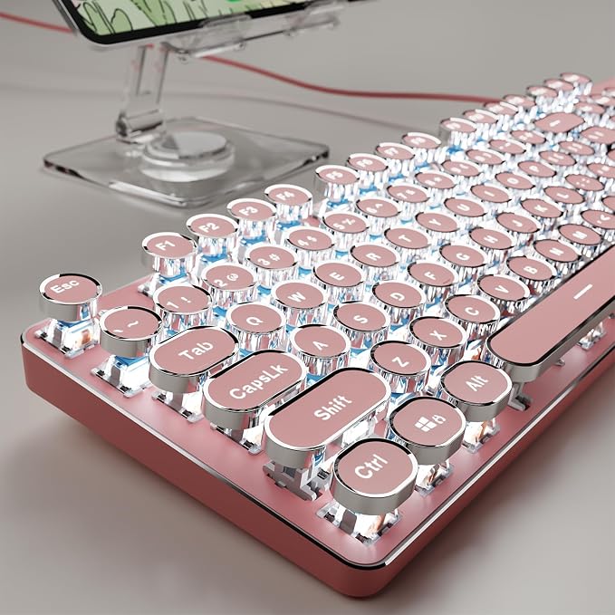 Wired Typewriter Style Mechanical Keyboard with White Backlit, Cute-Pink | Retro Punk Round Keycaps, Metal Panel, Clicky Blue Switch, 104 Keys Full Size Desk Setup for Windows PC, Mac, Desktop, Laptop