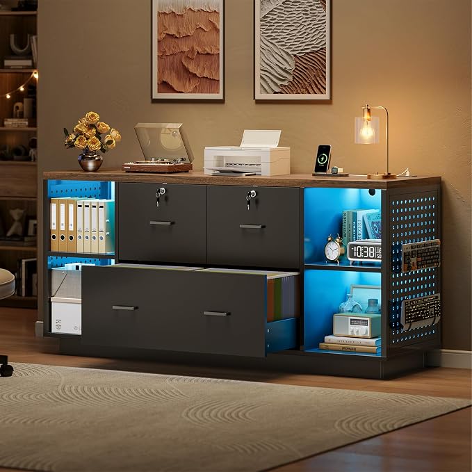 SEDETA 55" File Cabinet with Lock, Large 3 Drawers Filing Cabinets for Home Office, Lockable Printer Stand with Storage, Power Strip, LED Light & Pegboard, Black + Brown