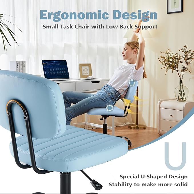 DUMOS Armless Office Chair, Small Home Desk Chair, Lumbar Support | PU Leather Low Back, Height Adjustable, 360 Swivel Wheels, Armless Computer Task Executive, Blue