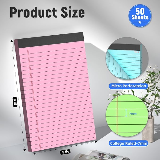 12pcs Note Pads 5"x8",600 Sheets Small Legal Pad, Perforated Color Notepads | 50 Sheets/Pack Notebook, College Ruled Lined Bulk Writing Pad,Sturdy Back Paper Pads 5" x 8 " for Office, School, Business