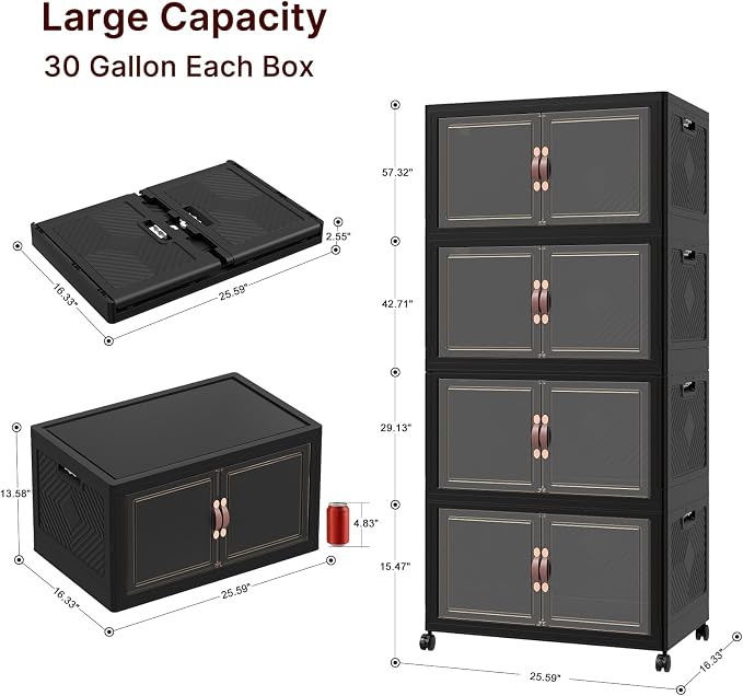 Stackable Storage Bins with Lids, 480QT Lockable Storage Cabinet | Folding Storage Box with Doors and Wheels, Collapsible Plastic Drawers for Home, Garage, Office