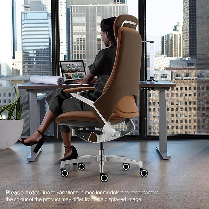 Genuine Leather Executive Office Chair，Top-Grain Cowhide, Ergonomic Design | Adjustable seat and headrest heights, 3-position recline (lockable)—suitable for home offices and high-end office settings.