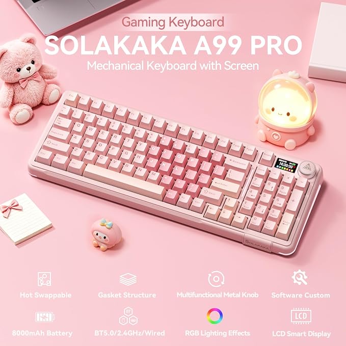 SOLAKAKA A99 Pro Wireless Gaming Keyboard with LCD Screen & Metal Knob, 96% Layout Mechanical Keyboard, 2.4GHz/BT5.0/USB-C, Hot Swappable, Creamy Keyboard with Gasket Structure, RGB, for Win/Mac