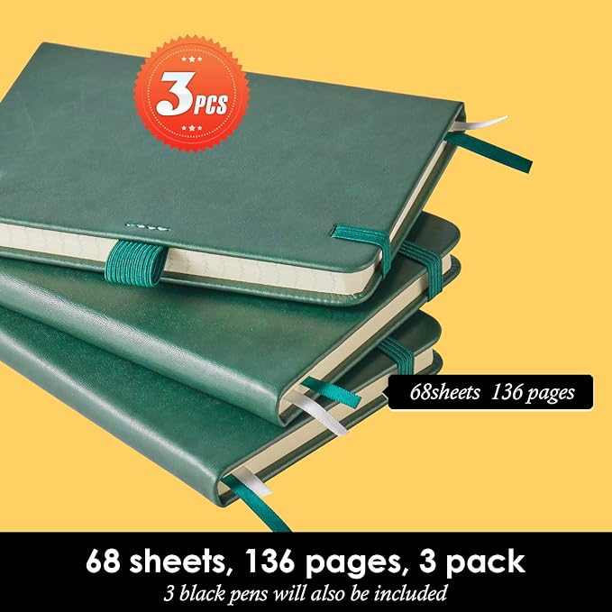 3 Pack Pocket Notebook Journals, Mini Small Leather Lined Journal Notebooks for Note Taking, Small Notepad with Pen Holder, Dark Green