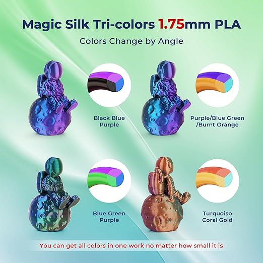 AMOLEN Silk PLA Filament 1.75mm, Triple Colors 3D Printer Filament Bundle, Shiny 3D Printer Filament Dimensional Accuracy +/- 0.02mm, Silk PLA Filament Fits for Most FDM 3D Printers, 200g X 4 Pack