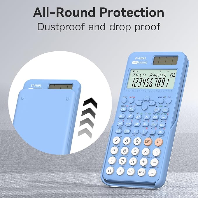 991MS 401 Functions 2-Line Display Desktop Calculator with Sliding Cover | ROATEE Scientific Calculator School Supplies Solar Battery Dual Power Kawaii for Middle High School Student and Teacher Blue