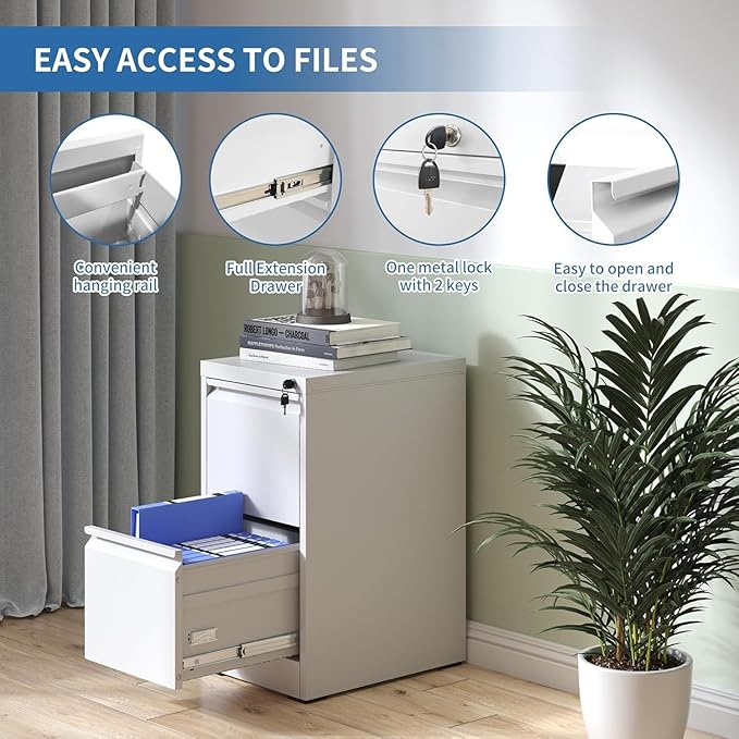 2 Drawer File Cabinet with Lock,Metal File Cabinet for Home Office | White Vertical Filing Cabinets Heavy Duty Office Storage Cabinets for Letter/Legal/A4/F4 Size File, Assembly Required